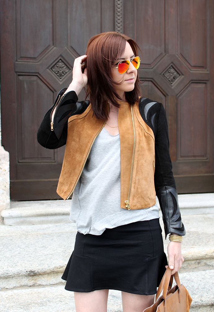 who is mocca, fashionblog tirol, fashionblog austria, ausgestellter Rock Mango, Isabel Marant pour H&M Boots, Lederjacke H&M Spring collectino cognac braun schwarz, brauner Shopper Zara