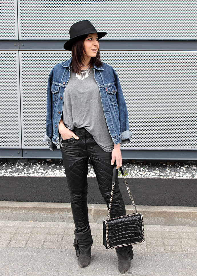 who is mocca, fashionblog tirol, fashionblog deutschland, lederhose asos, basicshirt grau, isabel marant pour h&m boots, zara chanel boy chain bag, levis jeansjacke, hut, statementkette