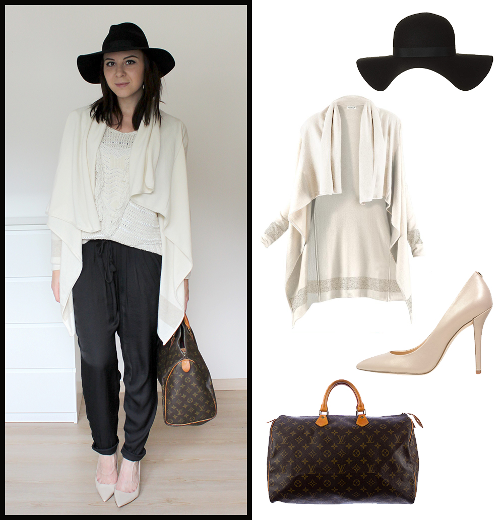 loose pants, nude pumps zign, louis vuitton speedy 40, kaschmir cardigan me and my style, strickpullover H&M, fedora hut topshop