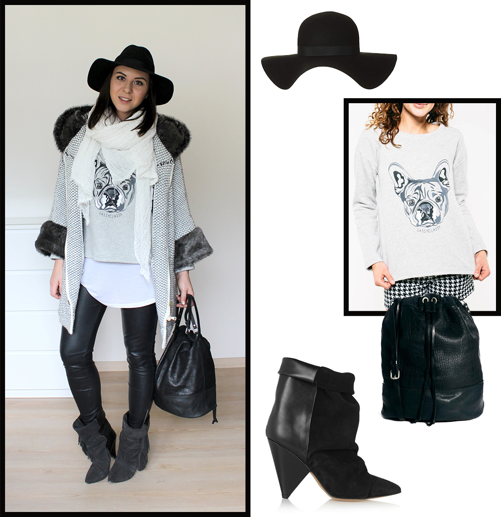 lederhose H&M, schuhe isabel marant pour H&M, bucket bag beuteltasche pieces sarenza.de, hut topshop, fedora hut, pullover franzoesische bulldogge, cardigan fake fur jacke zara