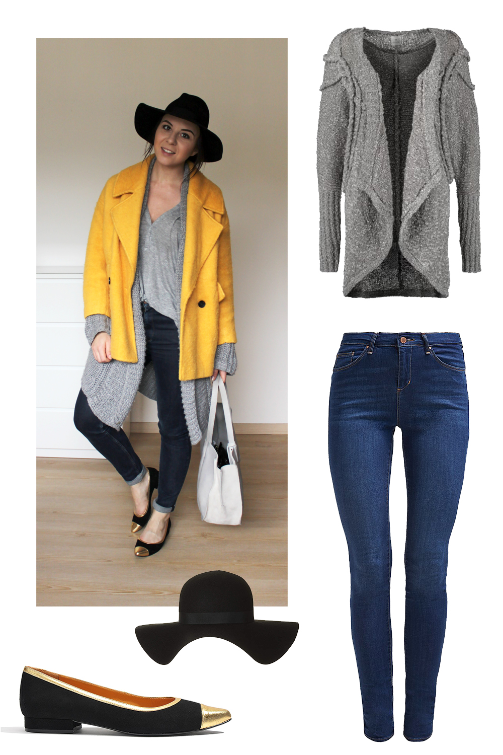 gelber mantel H&M Trend, grauer Shopper Zara, Ballerinas Monceau Sarenza, Oversize Strickcardigan 