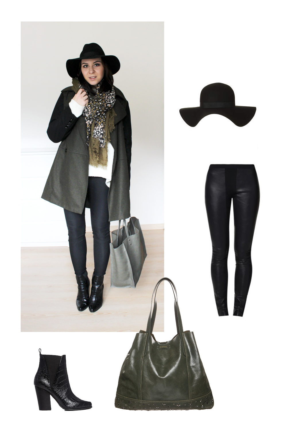 who is mocca, weekly outfit review, fashionblog tirol, fashionblog österreich, high waist hose H&M, shopper diesel zara khaki, mantel mango khaki schwarz, schal leopard two tone, fedora hut schlapphut topshop, oversize pullover weiß zara