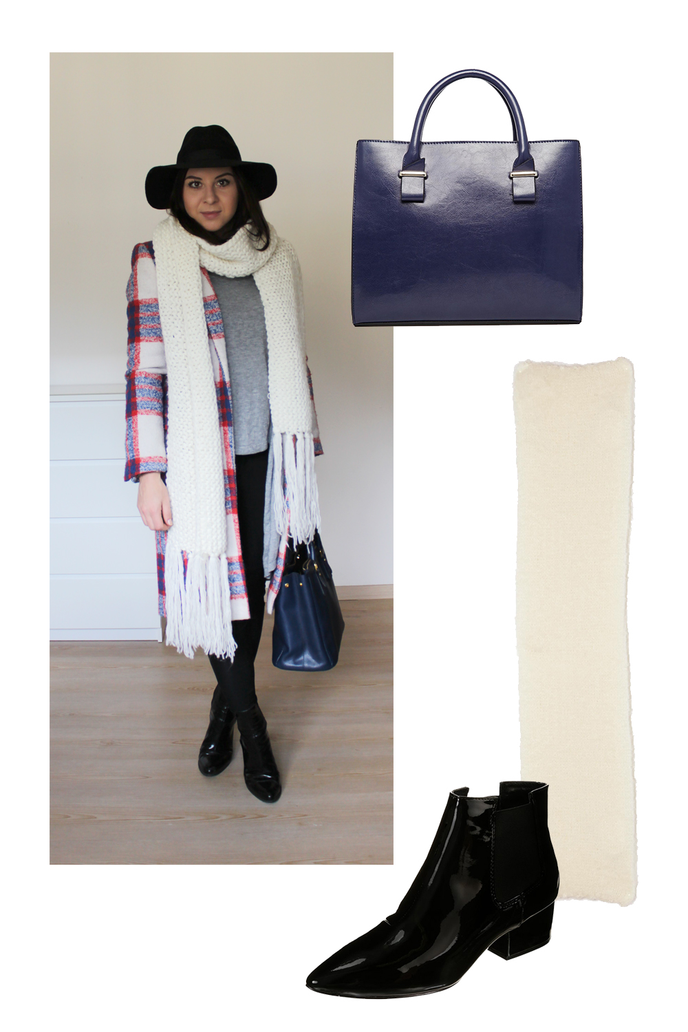 xl strickschal diy, dunkelblauer shopper, karierter schal zara, lackboots zara topshop, basicshirt 