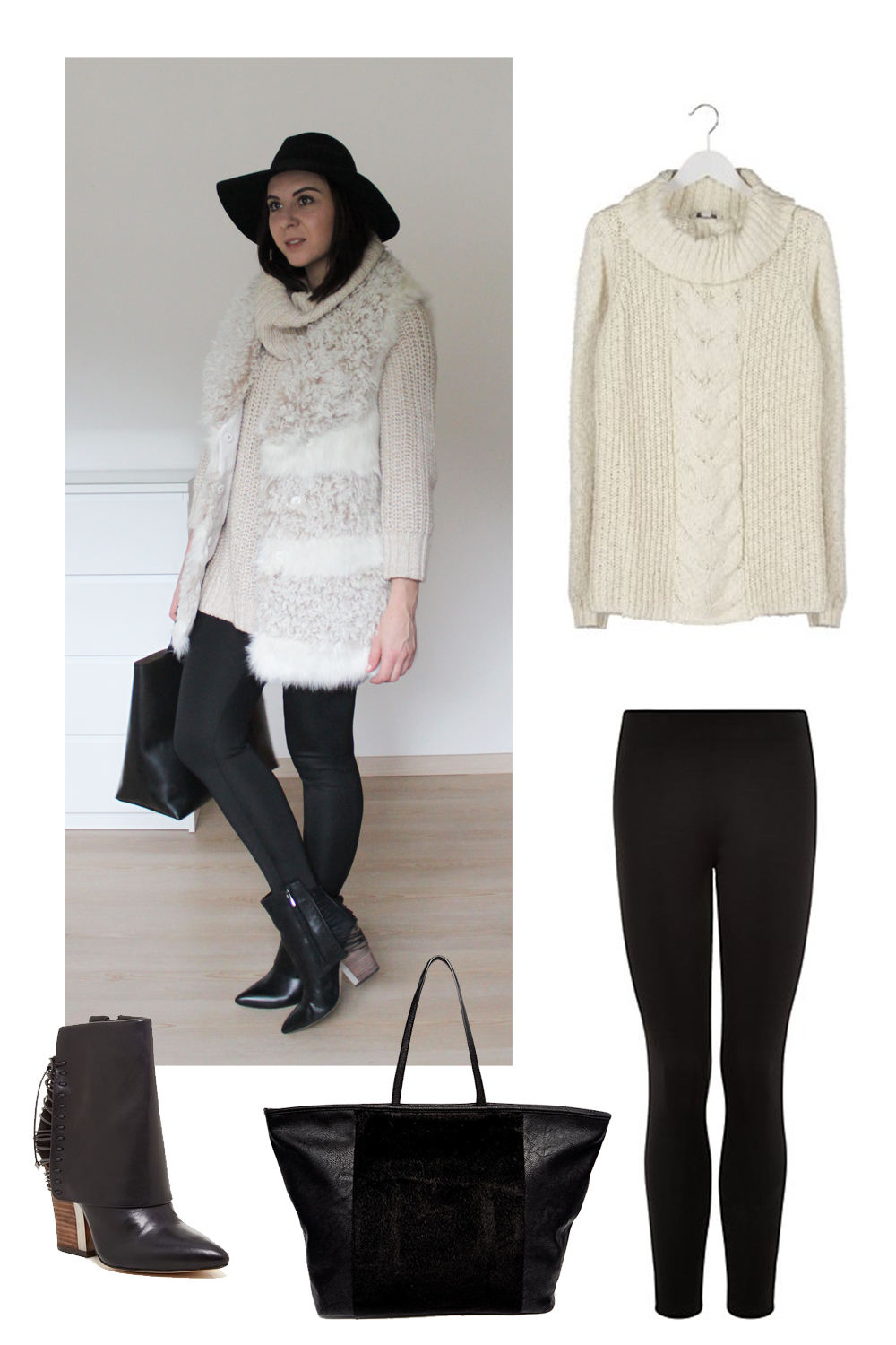 fake fur weste H&M, sam edelman martina boots schwarz, rollkragen pullover beige, scuba neopren leggings new look, shopper & other stories