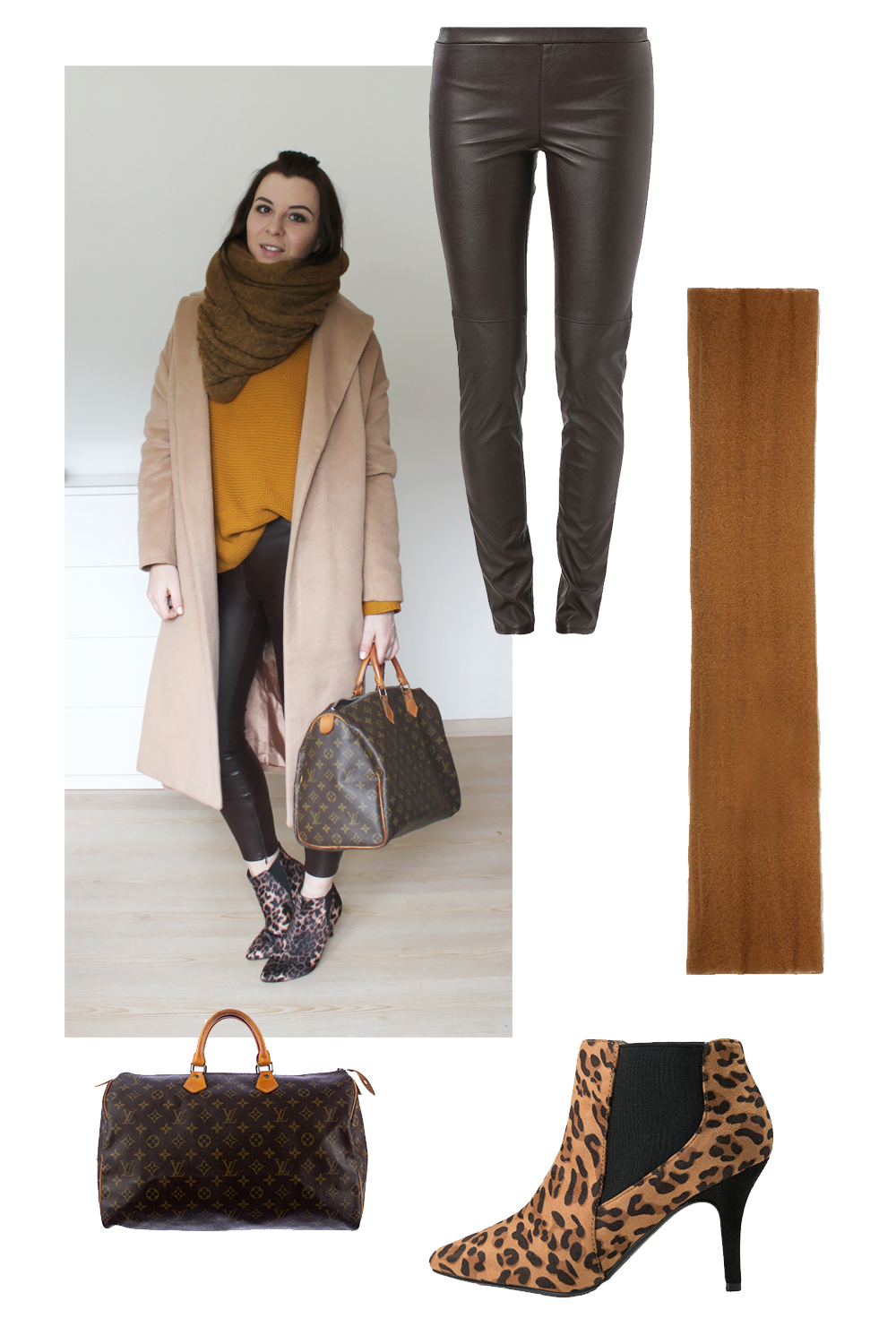 weekly outfit review, fashionblog tirol, fashionblog österreich, camel coat asos, oversize, leo stiefeletten H&M, louis vuitton speedy 40 vintage, lederhose, senfgelb strickpullover