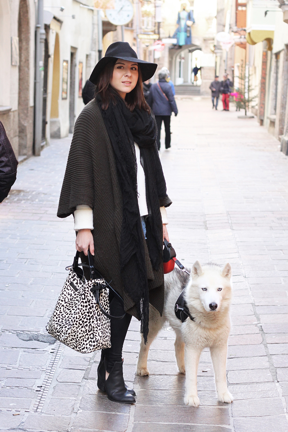 who is mocca, blogger tirol, siberian husky, angel, sibirischer husky, blaue augen, layering, lagenlook, strick cape asos, oversize pullover, zara tasche, cutout boots jeffrey campbell, jeanshemd, skinny jeans, fedora hut