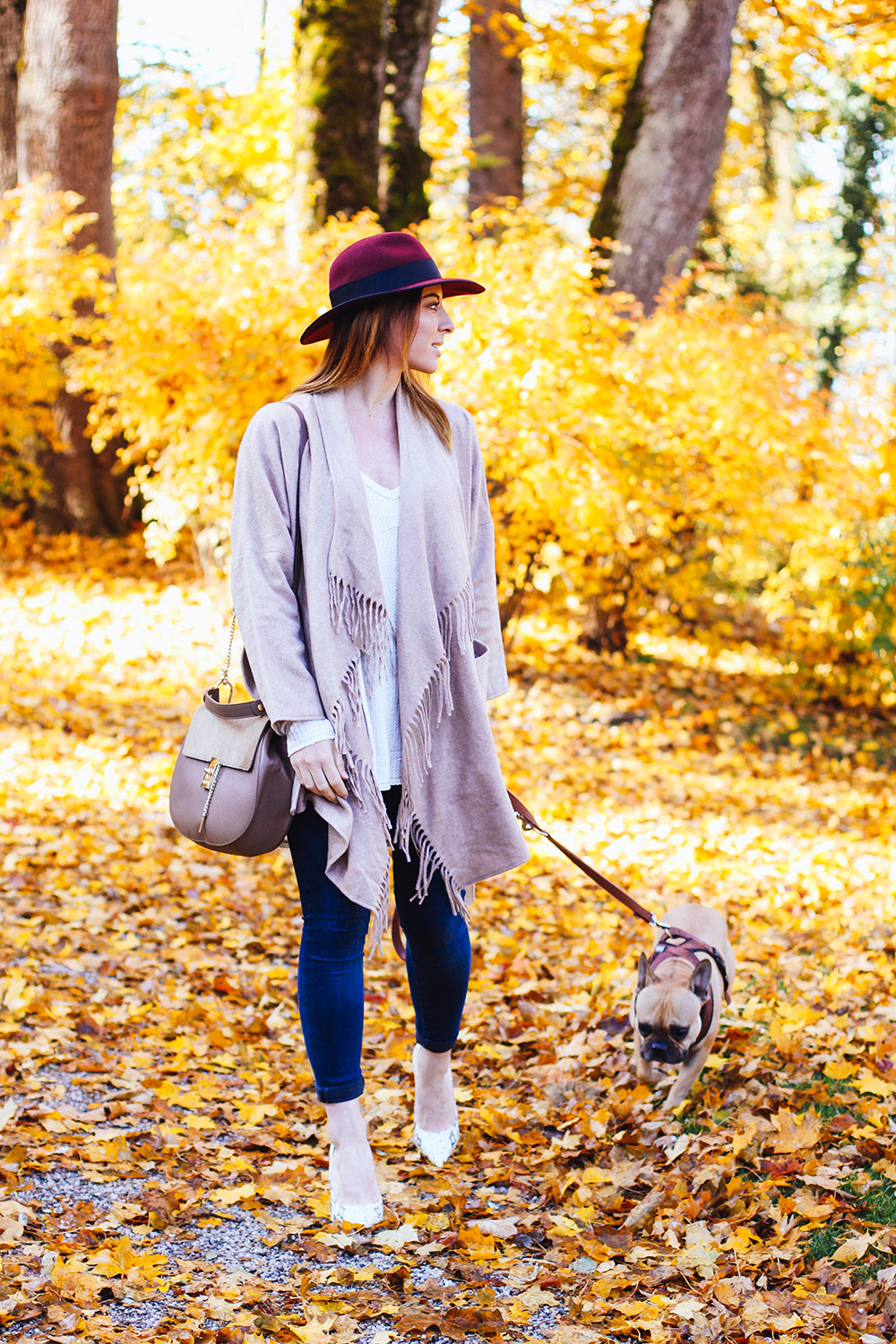 who is mocca, modeblog, fashionblog, herbstoutfit inspiration, fransenjacke outfit, fransenjacke kombinieren, frenchie, schloss ambras, innsbruck, streetstyle, river island pumps, fedora christy madison, chloe dupe lookalike, whoismocca.me