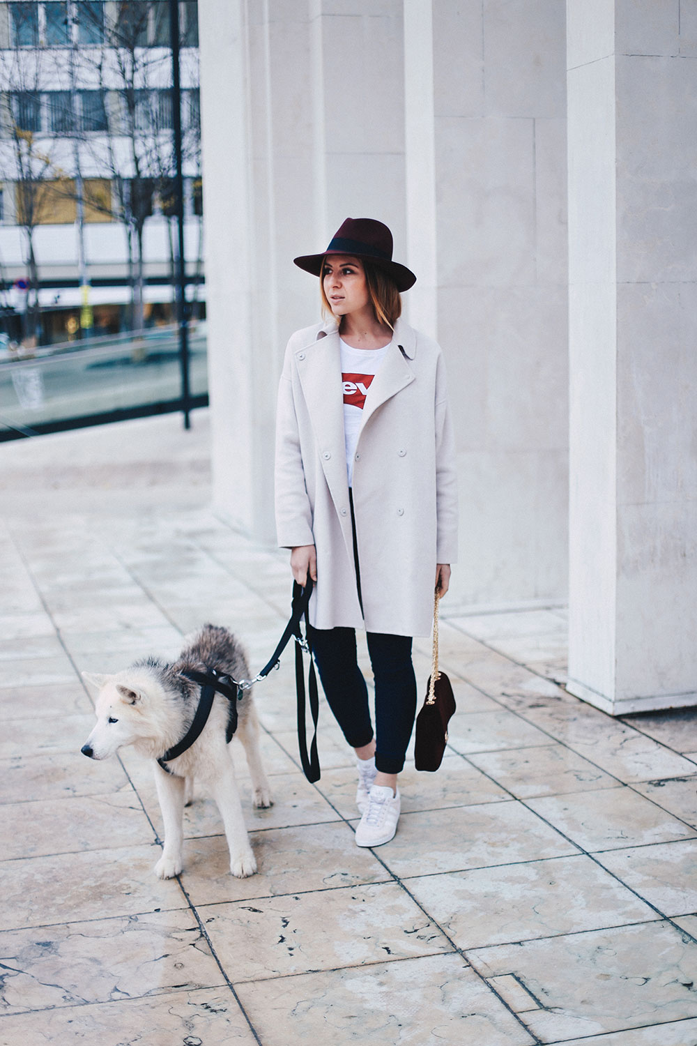 Back to Basics, Basic Outfit, Levis Shirt, Jeans, Adidas Gazelle Sneaker, Trenchcoat, Buffalo Tasche bordeaux, sibirischer Husky, Fashion Blog, Outfit Blog, Modemagazin, whoismocca.me