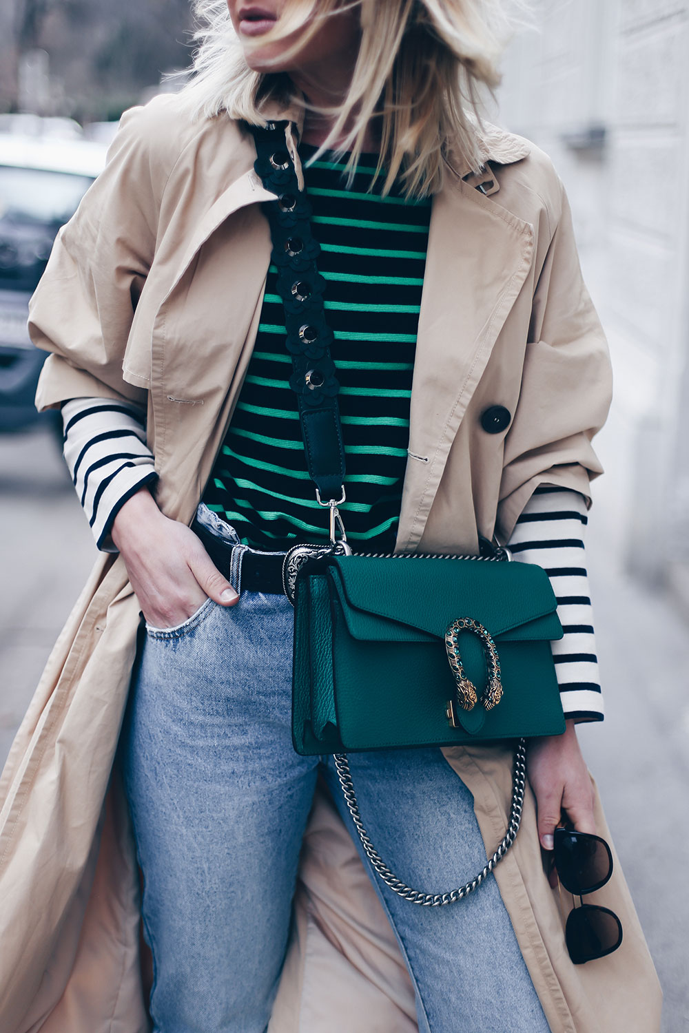 Bold Stripes Trend, How to wear, Streifen Trend, Streetstyle, Modeblog, Frühlings Trends, Fashion Blog, Trenchcoat mit Schleifen, Zara Mules, Gucci Dionysus in Grün, Outfit Blog, Style Blog, www.whoismocca.me