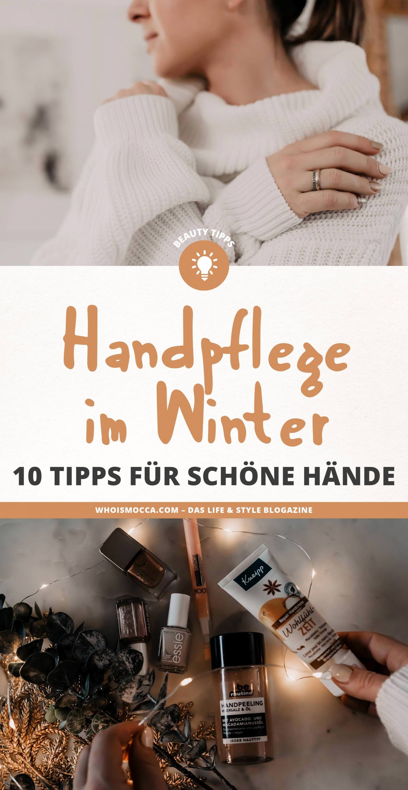 Im Beitrag auf meinem Beautyblog teile ich insgesamt 10 Tipps mit dir. Ich starte mit 5 wertvollen Ratschlägen für die Handpflege im Winter und gehe danach auf 5 weitere Hinweise für schöne Nägel an kalten Tagen ein. Jede Menge Pflegetipps und Beautytricks auf www.whoismocca.me #handpflege #nagelpflege #pflegetipps