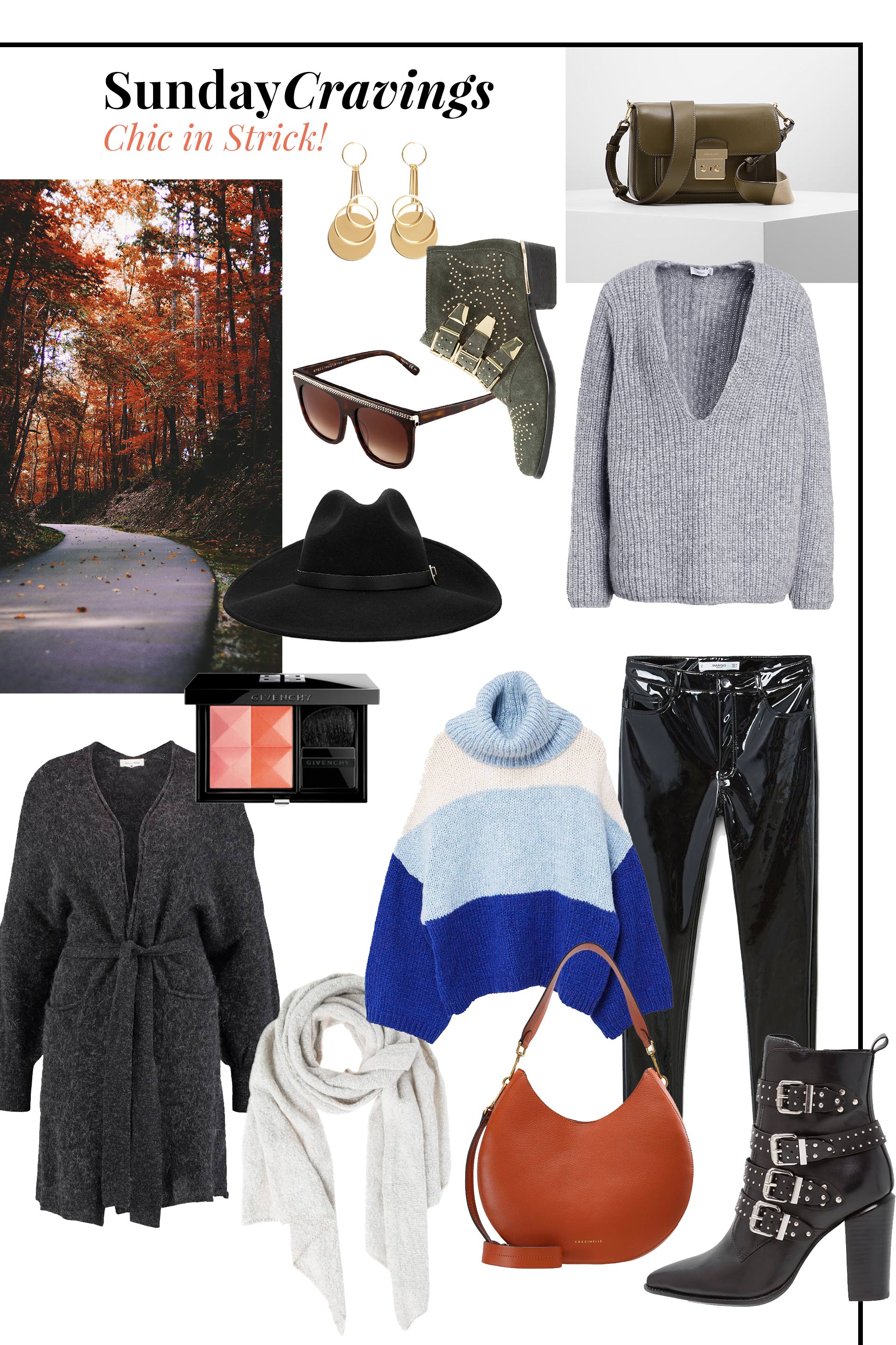 Chic in Strick, Outfit Ideen für den Herbst, kuscheliges Outfit für kalte Tage, Chloe Susanna Lookalike Boots mit Nieten, Vinyl und Lackleder Hose, Strickpullover, Strick-Cardigan, Fashion Blog, Modeblog, www.whoismocca.me