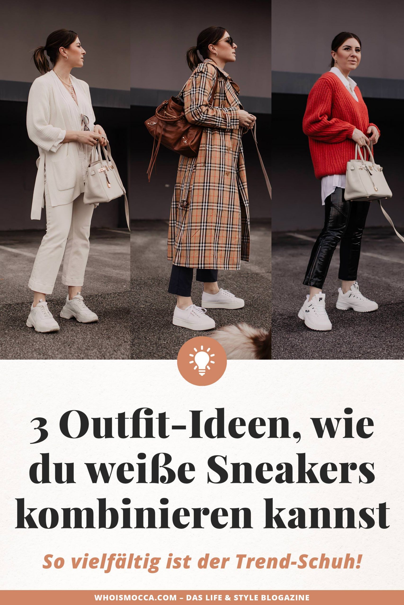 Du möchtest weiße #Sneakers kombinieren und bist auf der Suche nach Outfit-Inspirationen? Dann herzlich willkommen auf meinem #Modeblog, wo ich dir heute ein kleines Sneakers #Lookbook präsentiere. www.whoismocca.me #frühlingsoutfit #modetrends #alltagsoutfit